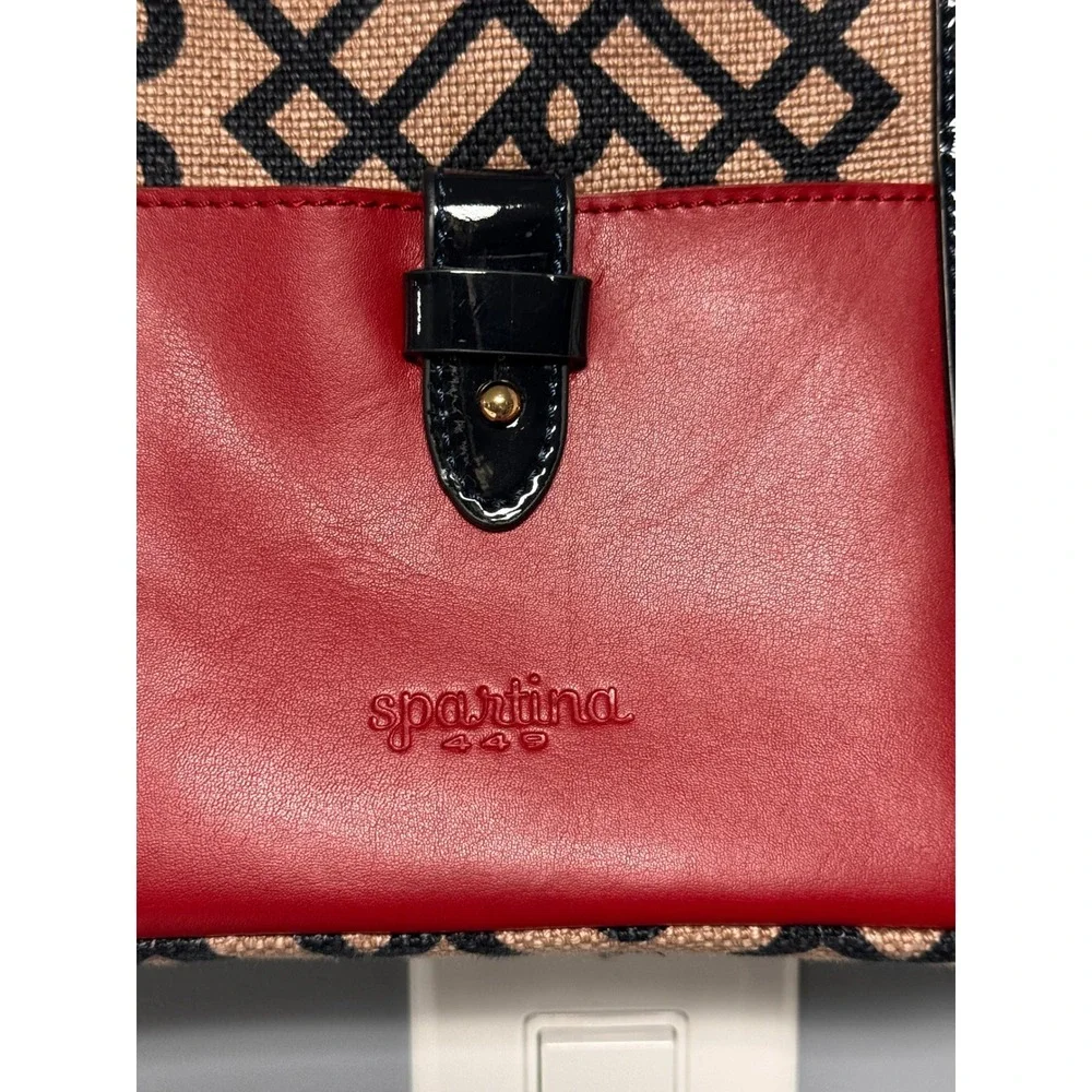 Spartina 449 Woven Linen Shoulder Bag Red Leather Black Patent Geometric Lattice